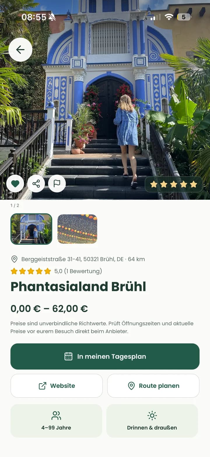 Die Famdaro App zeigt Phantasialand Brühl mit Fotos, Bewertungen und der Möglichkeit, den Ausflug in den Tagesplan aufzunehmen.
