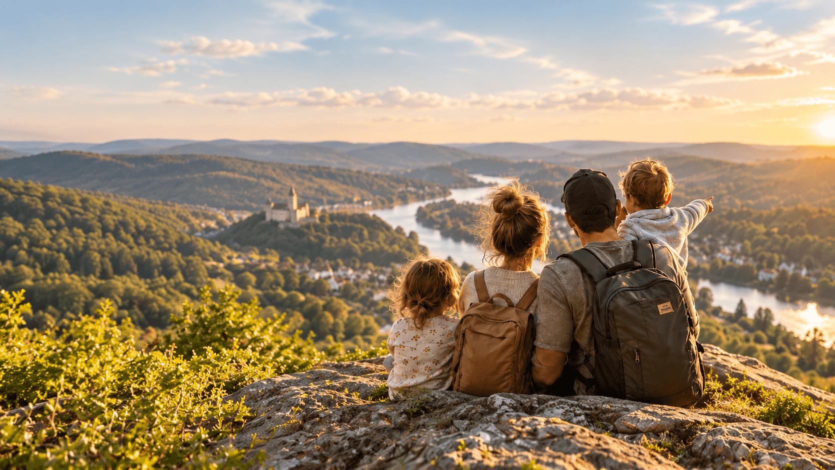 Familie blickt gemeinsam über eine Flusslandschaft